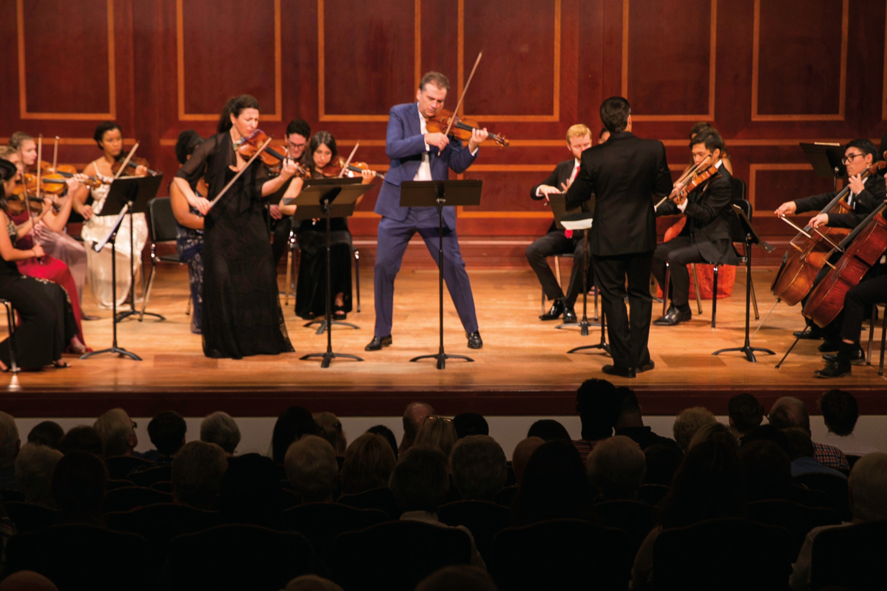 strings players perform on stage in front of an audience