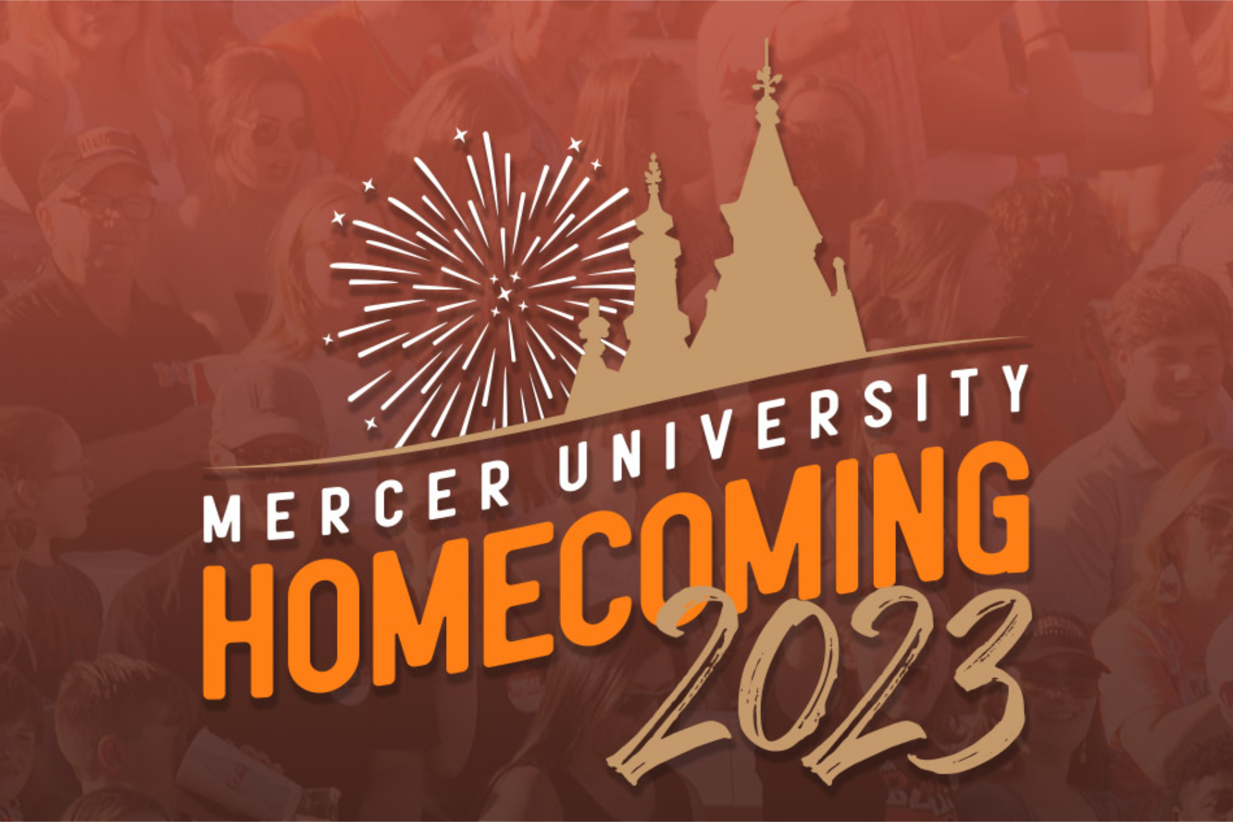 logo says mercer university homecoming 2023. fireworks and outline of administration building are in the background