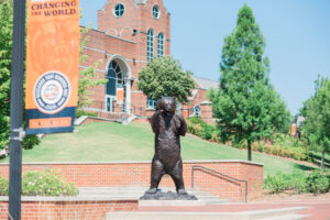 The Bear statue in front of the University Center on campus