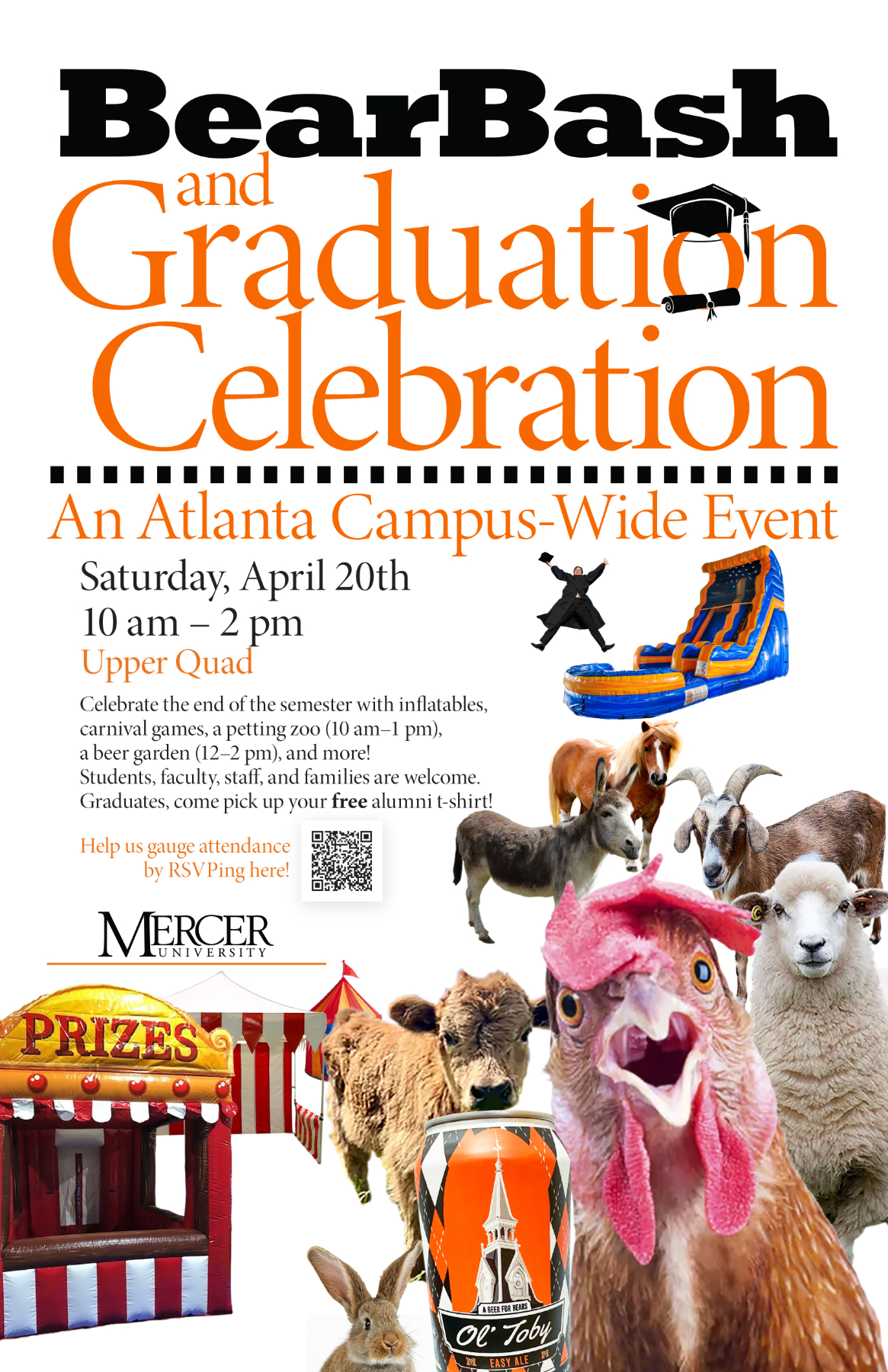 flyer that features an inflatable, farm animals, can of beer and graduate jumping