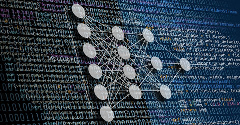 Illustration of a complex network graph superimposed on a background of digital code in various colors. The network features interconnected nodes and edges, emphasizing data connectivity and digitization concepts.