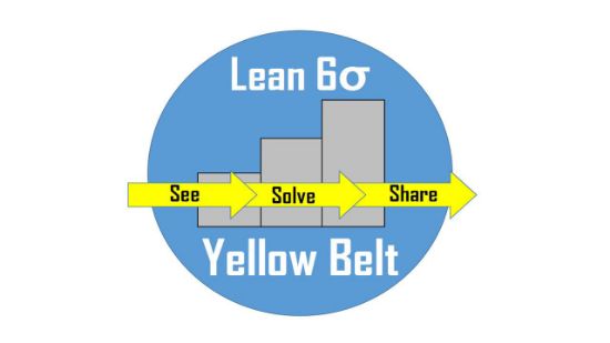 A blue circle featuring the words Lean Six Sigma Yellow belt. There is a gray graph with three yellow arrows going through it that say, "See," Solve," "Share."