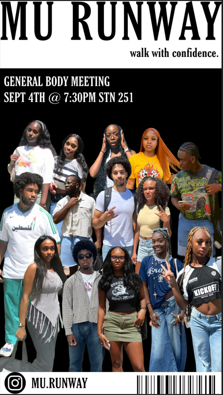 Promotional poster for MU Runway general body meeting, featuring a collage of people in various fashionable outfits. Meeting details include: September 4th, at 7:30 PM, STN 251. @MU.RUNWAY on Instagram is at the bottom.