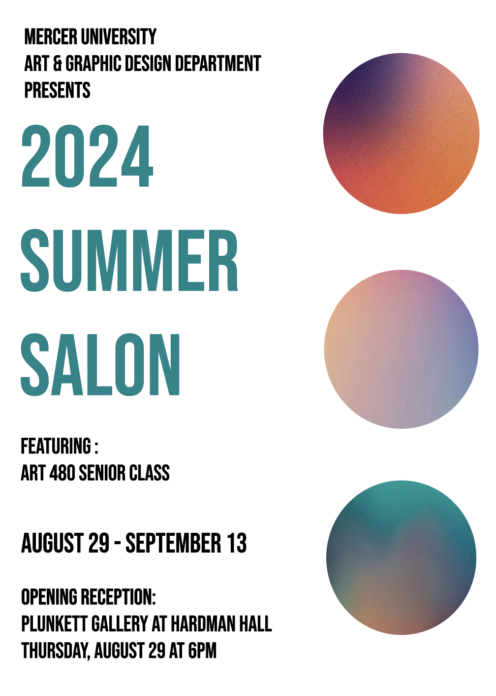 Promotional poster for Mercer University Art and Graphic Design Department's 2024 Summer Salon. Features "Art 480 Senior Class," August 29 - September 13 at Plunkett Gallery, Hardman Hall. Opening reception is August 29 at 6 PM. Decorated with three gradient circles down the right side.