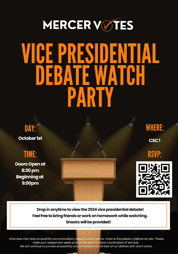 Poster for Mercer Votes Vice Presidential debate Watch Party on Oct. 1 at 9 p.m. in CSC 1. Doors open at 8:30 p.m. The poster features a podium under a spotlight.