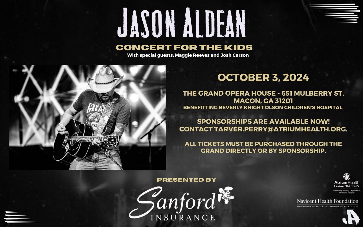 Promotional poster for a Jason Aldean concert with special guests Maggie Reeves and Josh Carson at The Grand Opera House, 651 Mulberry Street, Macon, GA. The event benefits Beverly Knight Olson Children's Hospital. Presented by Sanford Insurance.