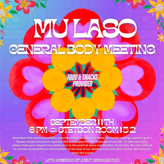 MU LASO general body meeting flyer features colorful flowers. Food and snacks provided.