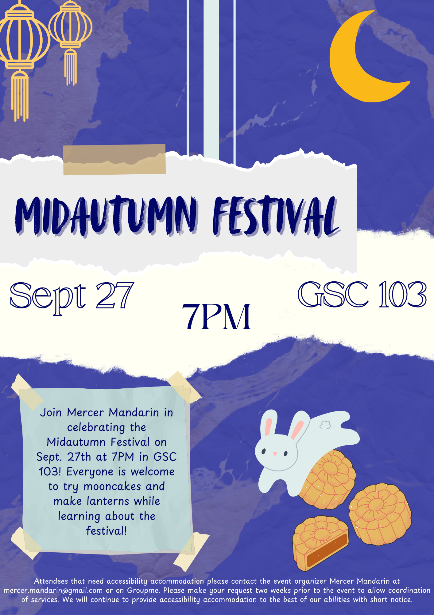 Flyer for the Mid-Autumn Festival on September 27 at 7 p.m. in GSC 103. Images on the flyer include Chinese lanterns, a moon and a bunny.