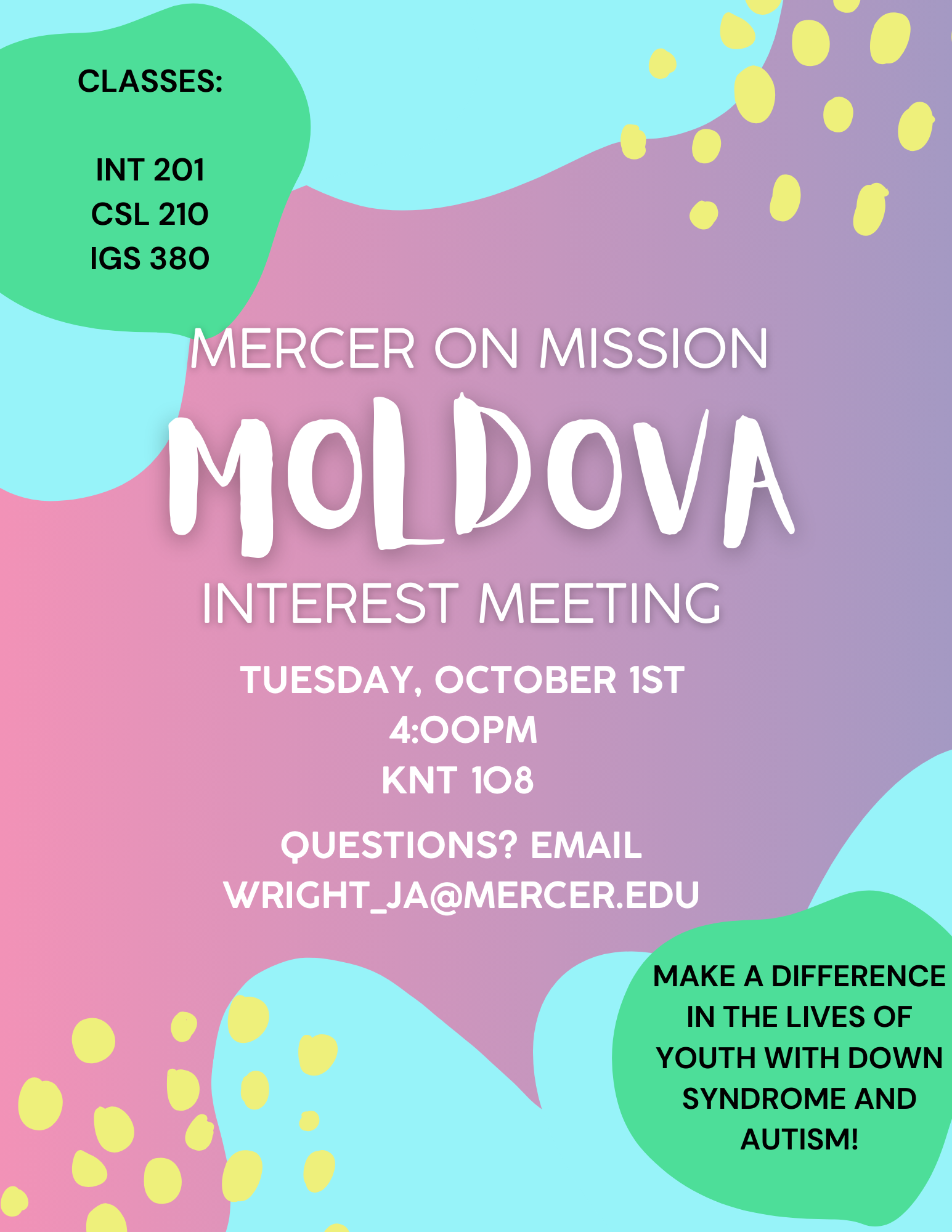 Flyer for an interest meeting about Mercer On Mission Moldova on Tuesday, October 1st, at 4 p.m. in Knight Hall, Room 108. For questions, email wright_ja@mercer.edu.