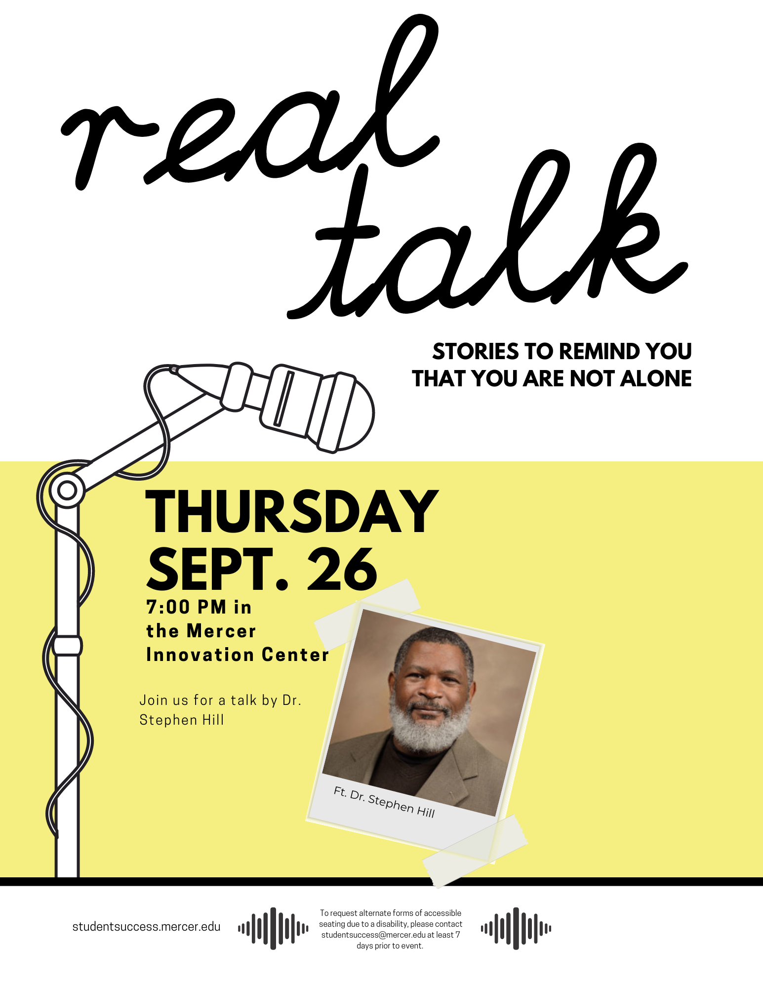 Poster for Real Talk event on Thursday, Sept. 24, featuring a drawing of a microphone and a headshot of Dr. Stephen Hill.