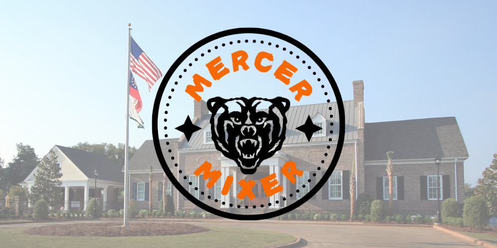 Circle enclosing a Mercer bear head in the middle and the words Mercer Mixer around it. A photo of a brick building is faded into the background.