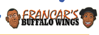 Logo for Francar's features the words Francar's Buffalo Wings and drawings of a man's head and a woman's head on either side.