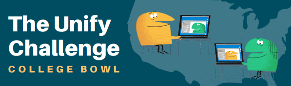 Graphic for the Unify Challenge College Bowl features two colorful blobs taking to each other via video conference on computers.