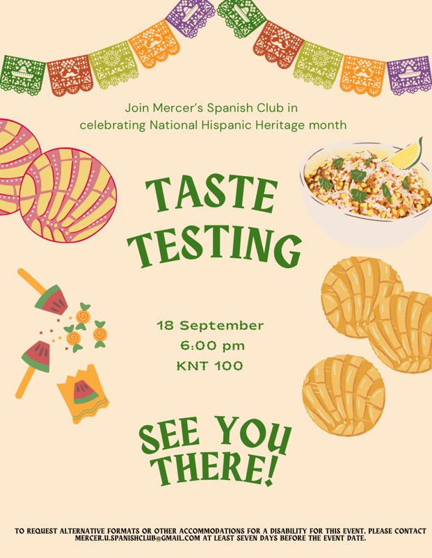 Flyer for Taste Testing event features Spanish treats including elotes, hard candy and cookies.