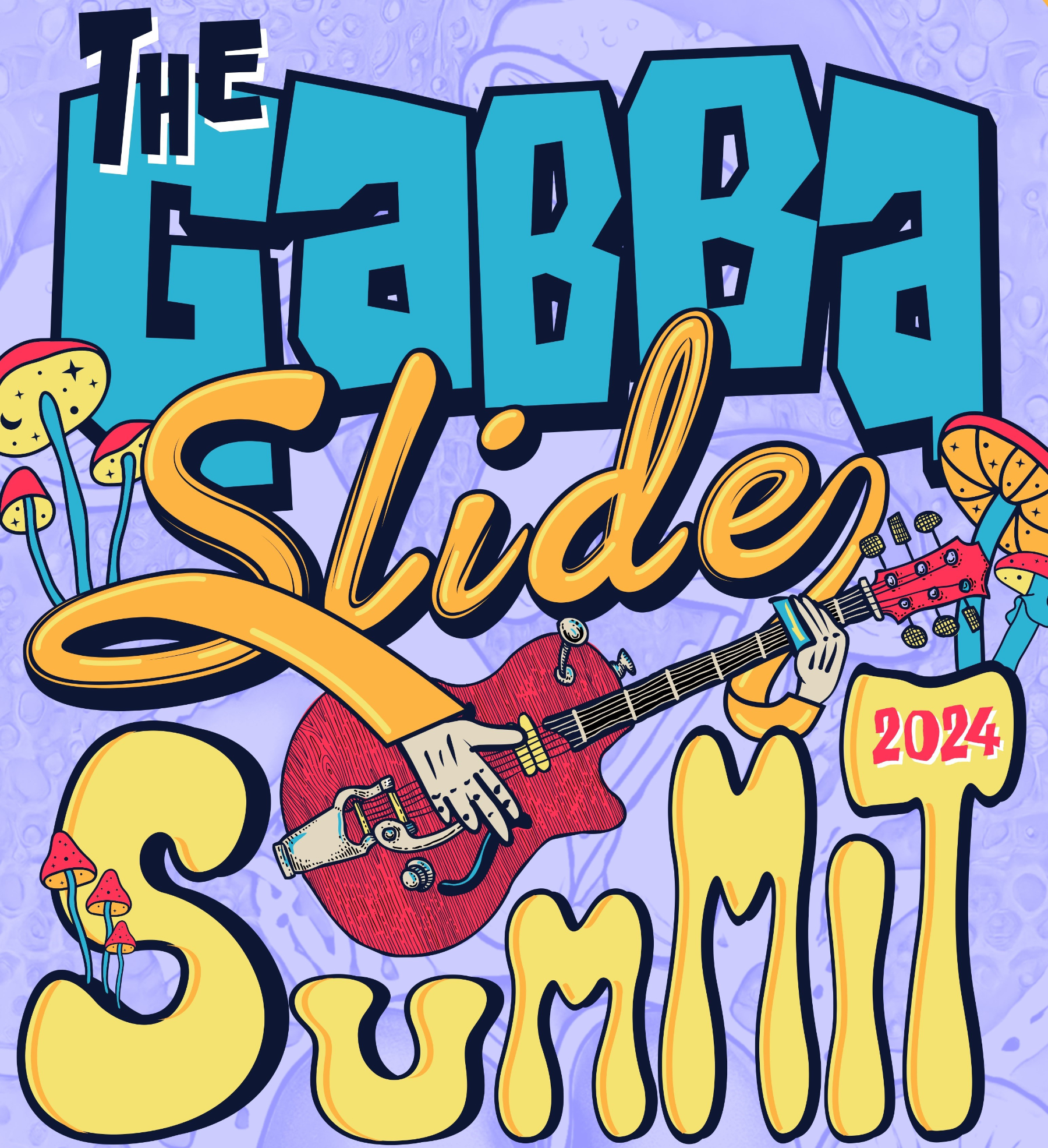 Graphic for The Gabba Slide Summit featuring a red guitar and mushrooms on a purple background.