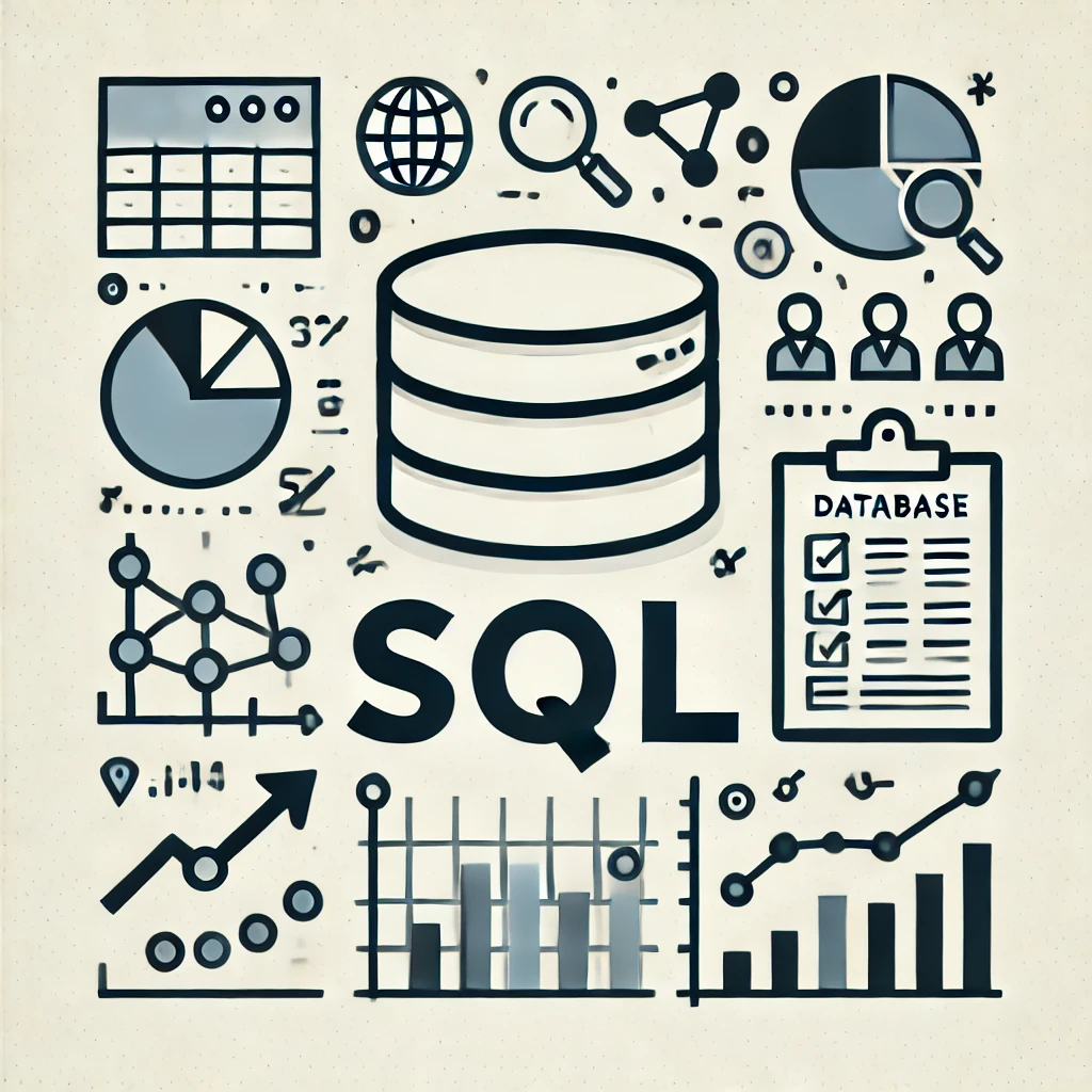 Image with various charts and graphs and the letters SQL in the middle.