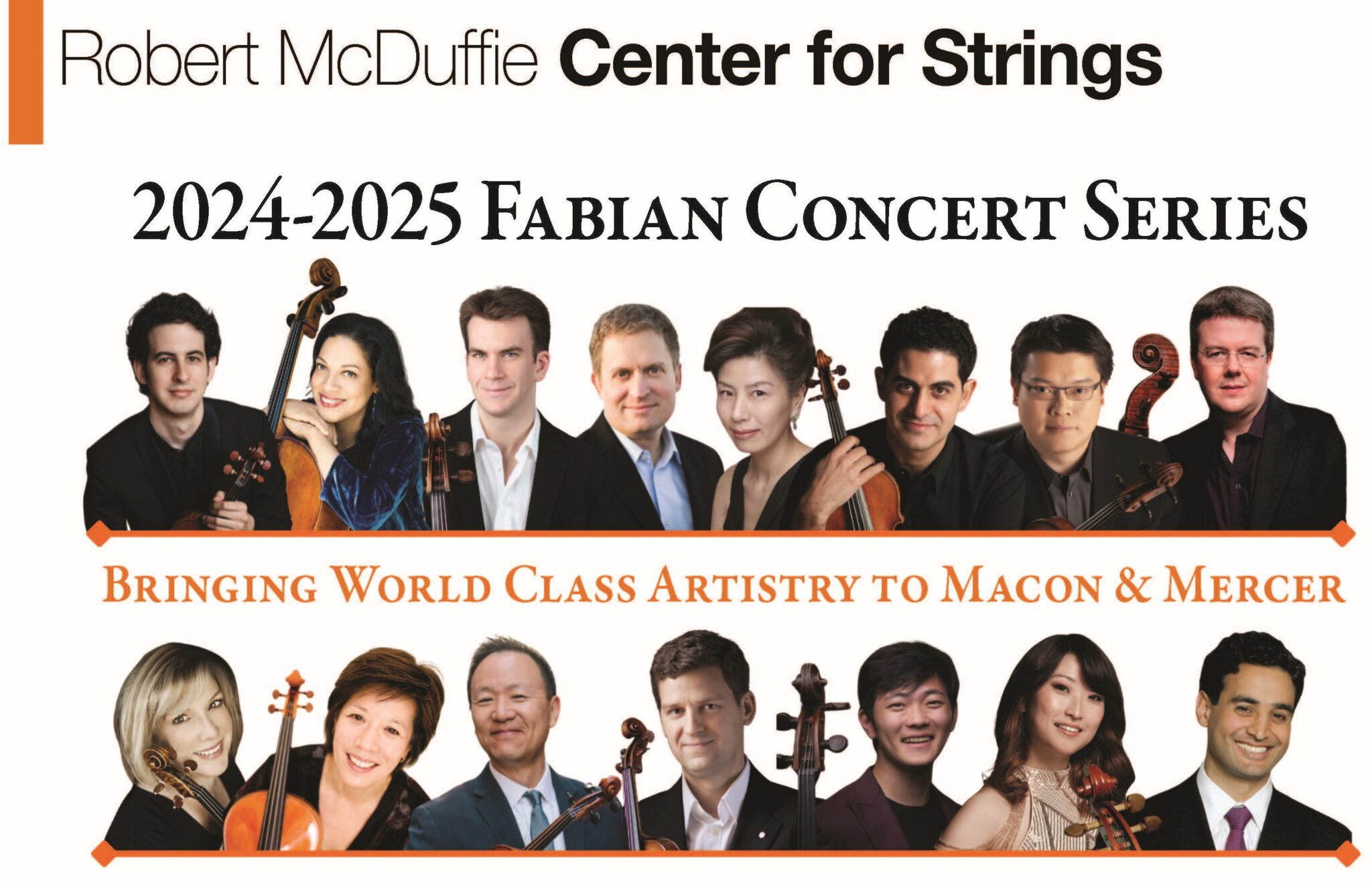 Promotional image for the 2024-2025 Fabian Concert Series at the Robert McDuffie Center for Strings, featuring 15 diverse musicians holding various string instruments.