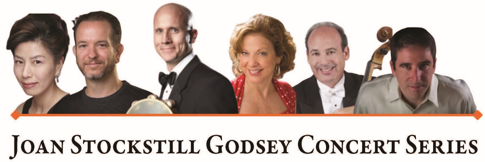 Banner for Joan Stockstill Godsey Concert Series featuring headshots of six diverse musicians in formal attire.