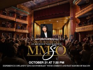 Poster for the Macon-Mercer Symphony Orchestra on Oct. 21 at 7:30 p.m. with guest conductor Rei Hotada. words are on an image of people applauded musicians on stage at The Grand Opera House.