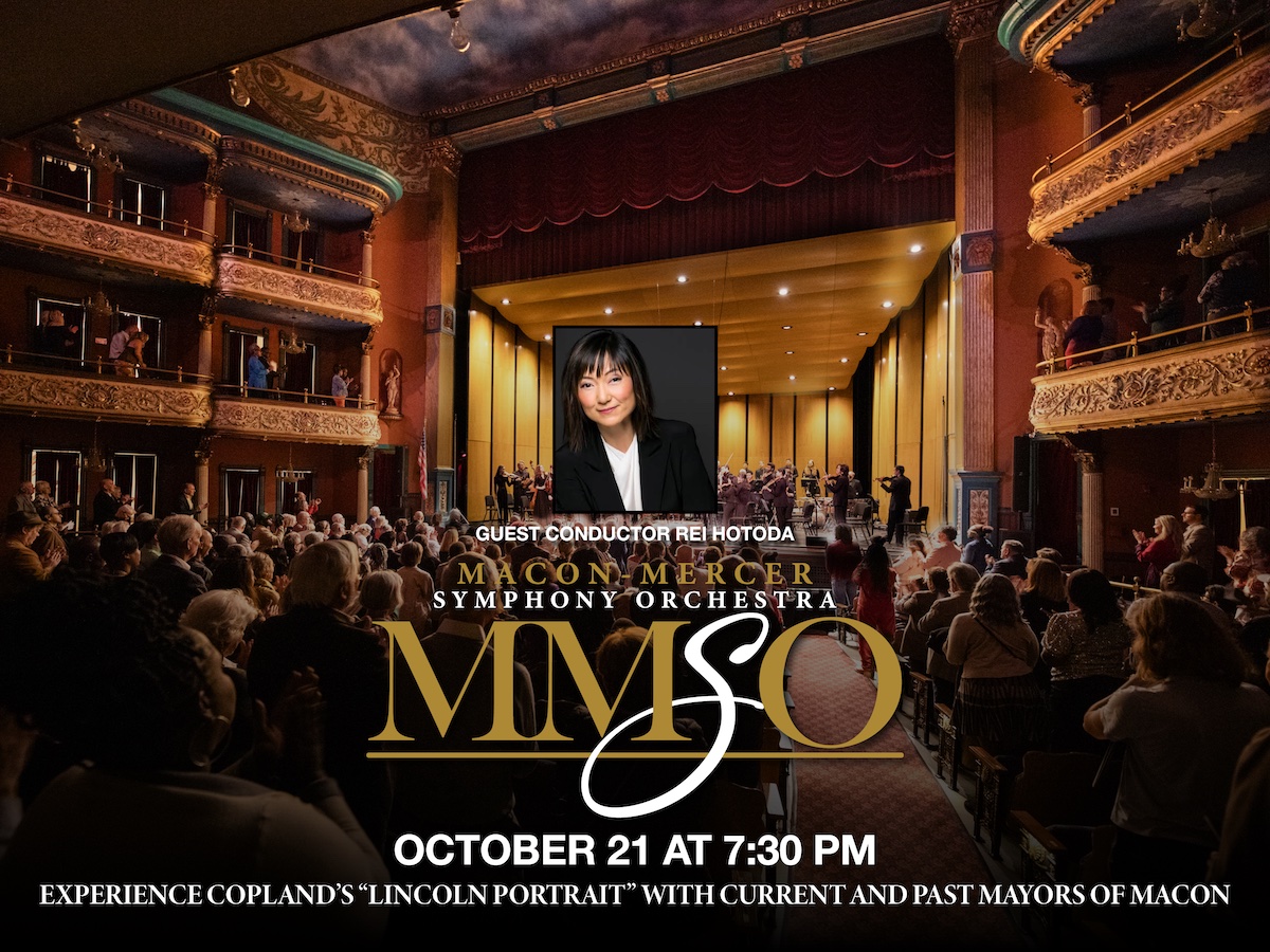 Poster for the Macon-Mercer Symphony Orchestra on Oct. 21 at 7:30 p.m. with guest conductor Rei Hotada. words are on an image of people applauded musicians on stage at The Grand Opera House.