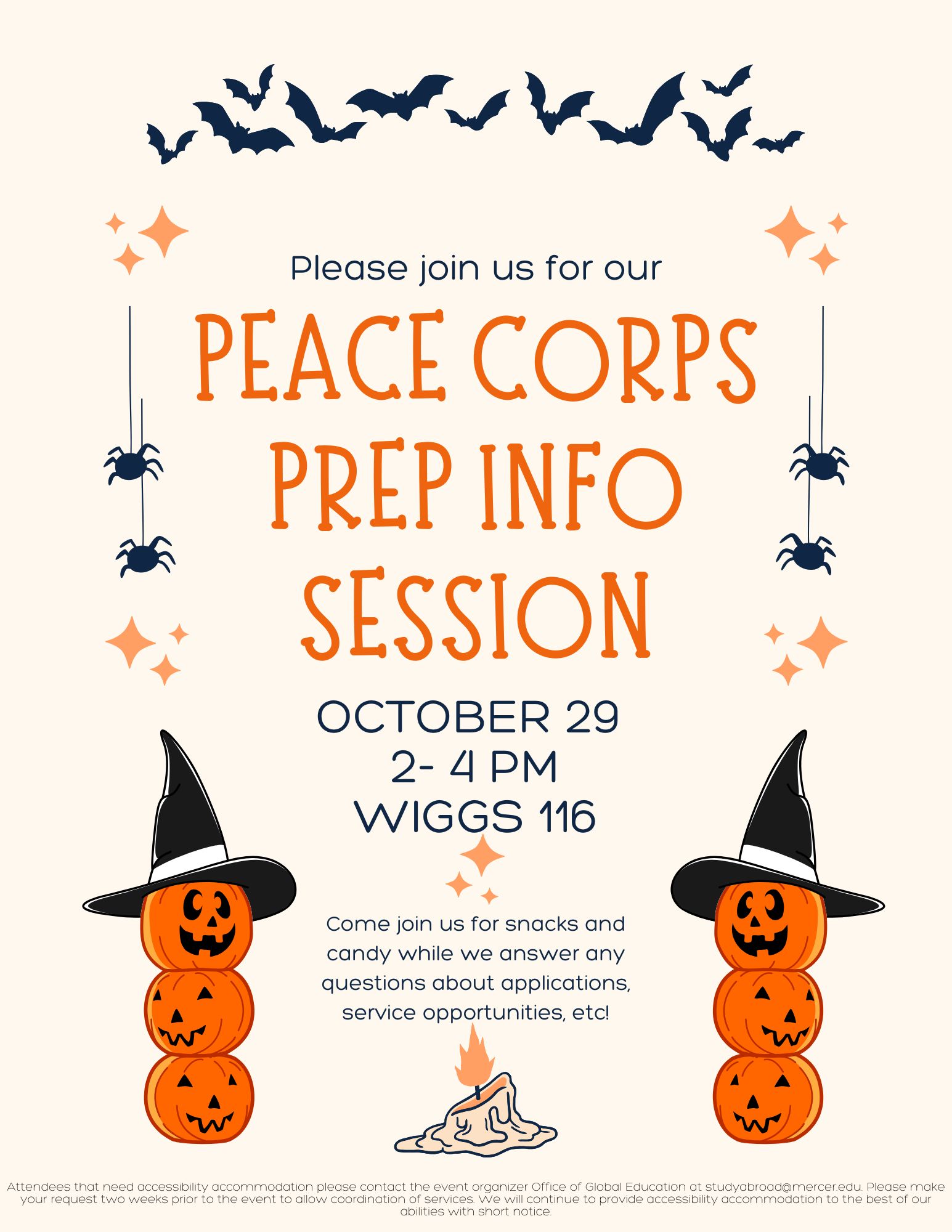 Flyer for Peace Corps Prep info session on Oct. 29 from 2-4 p.m. in Wiggs 116. The flyer features graphics of jack-o-lanterns wearing witches hats.