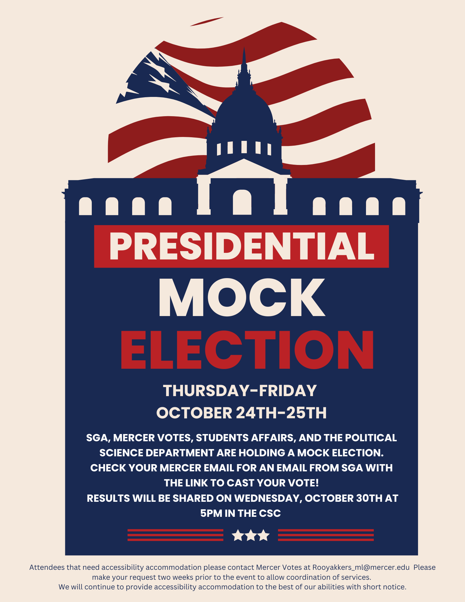 Promotional poster for a presidential mock election, scheduled from October 24th to 25th, featuring the silhouette of the White House against an American flag. Organized by the SGA, Mercer Votes, Students Affairs, and the Political Science Department. Includes a call to action to cast your vote with a link and a note on results announcement on October 30th.