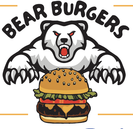 Logo feature the words "Bear Burgers" above a drawing of a bear lunging at a cheeseburger.