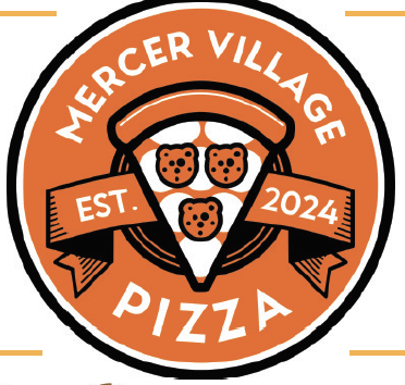 Orange circle logo of featuring a drawing of a pizza in the middle and the words Mercer Village Pizza around it.