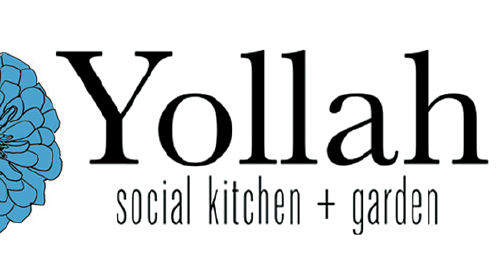 Logo featuring the right side of a blue zinnia-like flower and the words Yollah Social Kitchen + Garden.