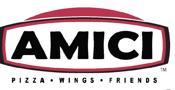 Logo featuring the word "Amici" in black and underneath the words "pizza, wings, friends."