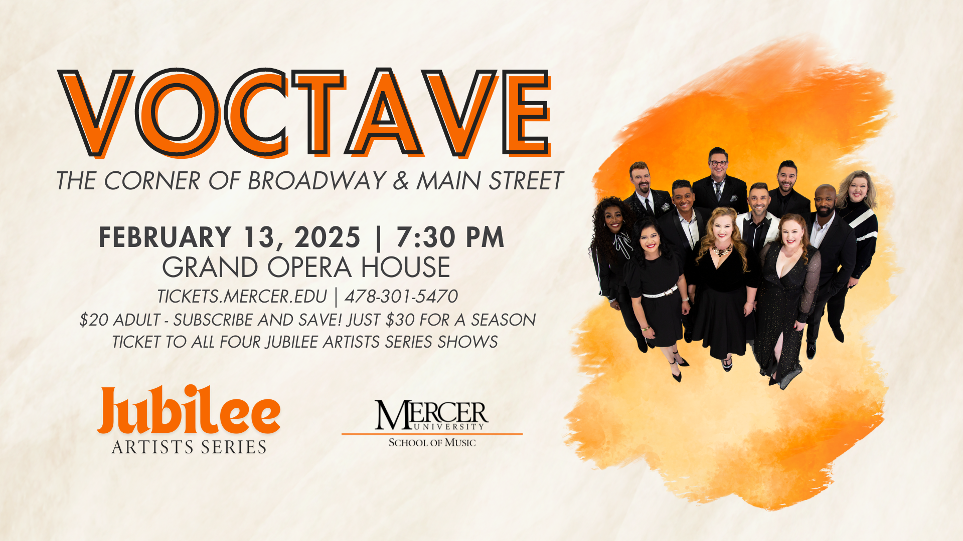 Promotional poster for Jubilee Artists Series featuring the vocal group Voctave. The poster shows 11 members of Voctave in formal attire, standing in a group against a light background with an orange splash design. Text includes 'The Corner of Broadway & Main Street.'