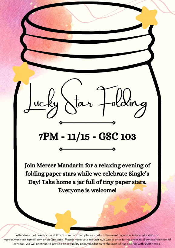 Promotional poster for 'Lucky Star Folding,' an event hosted by Mercer Mandarin on November 15 at 7 PM in GSC 103. Features an image of a mason jar with decorative stars and a light pink background. Text invites attendees to a relaxing evening of folding paper stars to celebrate singles day, with refreshments provided.