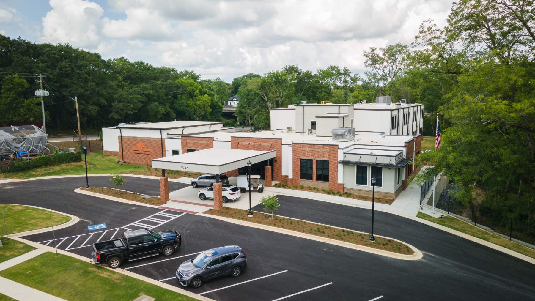 Aerial view of a two-story school building with a brick face.