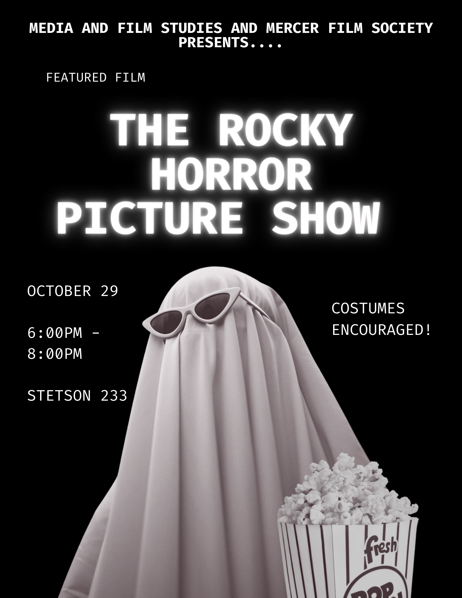 Promotional poster for "The Rocky Horror Picture Show" presented by Media and Film Studies and Mercer Film Society. Features a ghost-like figure with sunglasses, holding a bucket of popcorn. Event details include a screening from 6:00 PM to 8:00 PM with costumes encouraged.