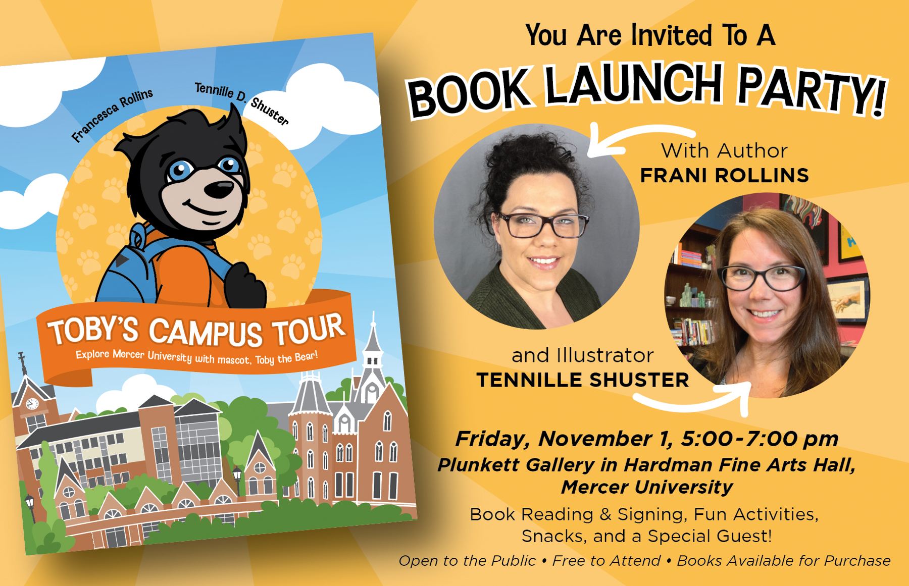 Flyer for a book launch party for "Toby's Campus Tour." The flyer features a cover of the book, which features a cartoon bear wearing a backpack, as well as headshots of the two authors.