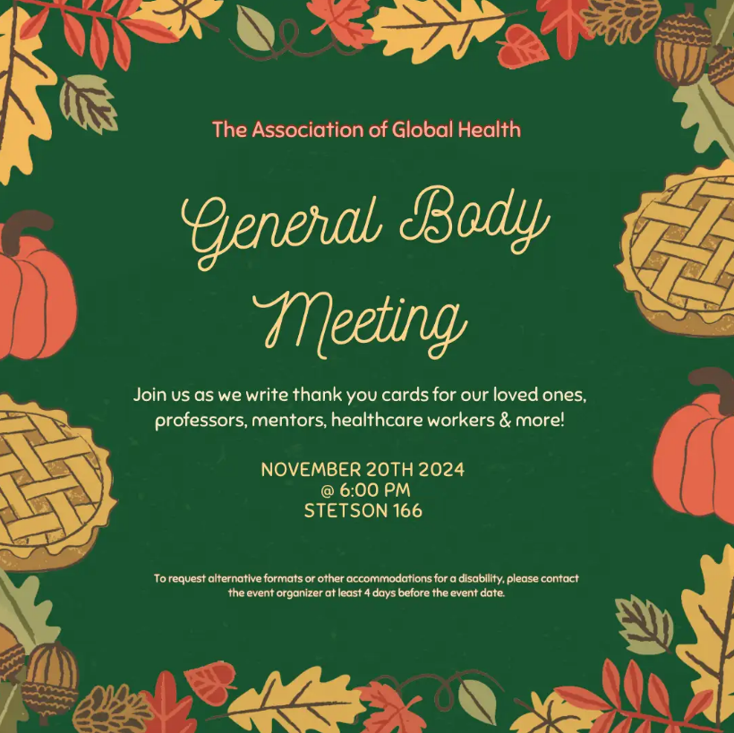 Flyer for The Association of Global Health's General Body Meeting featuring leaves, pumpkins and pies on a green background.