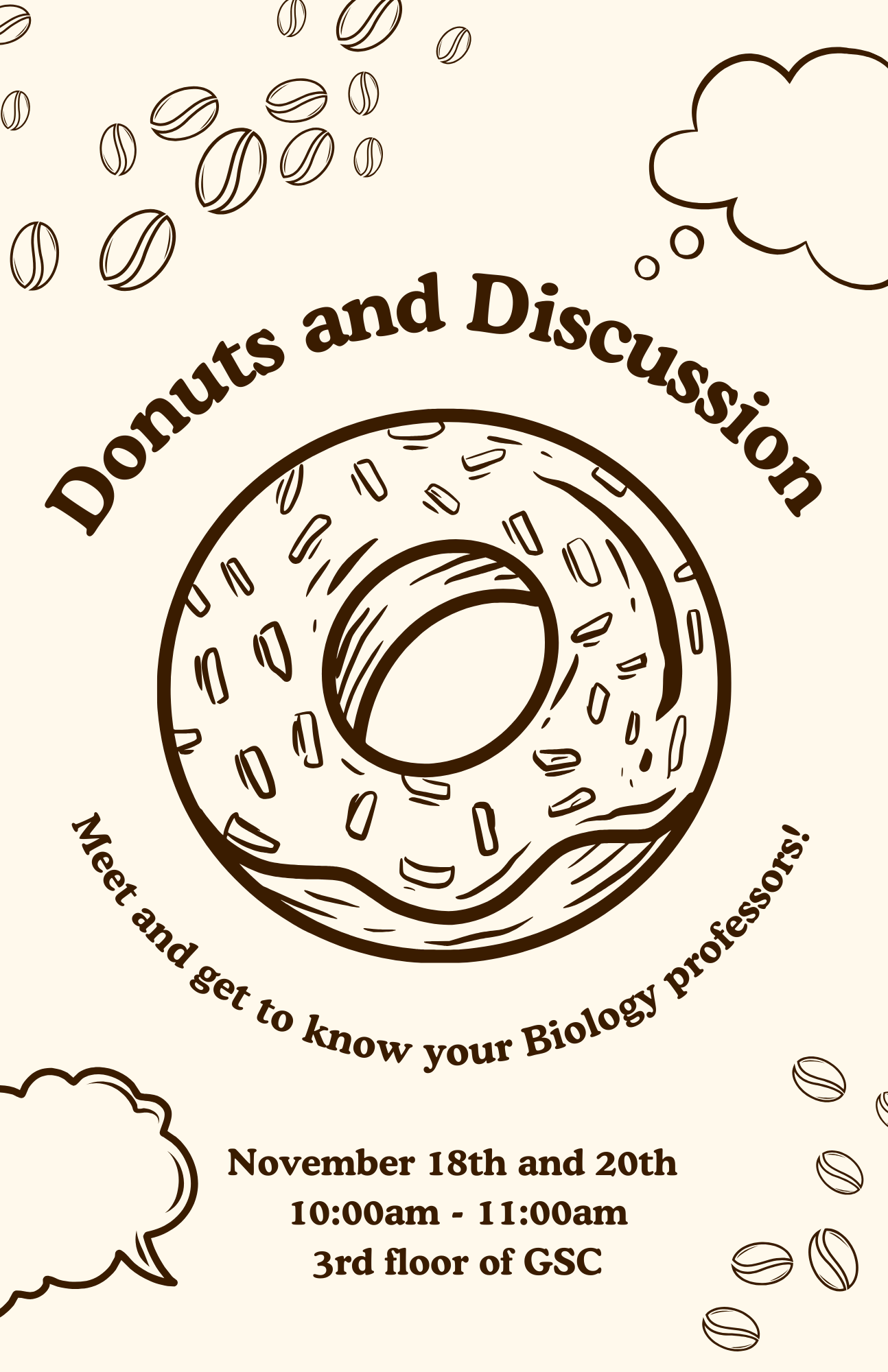 Flyer for donuts and discussion featuring images of a donut, coffee beans and thought bubble.