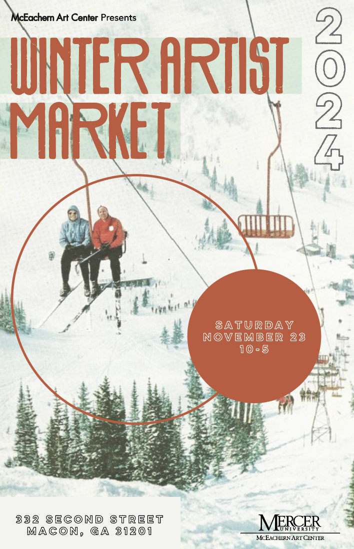 Poster for the Winter Artist Market, featuring an illustration of two people on a ski lift with a snowy mountain backdrop.