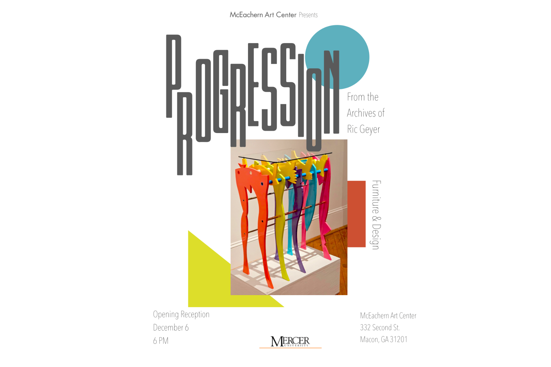 Poster for Progression: From the Archives of Ric Geyer featuring colorful designs, at McEachern Art Center.