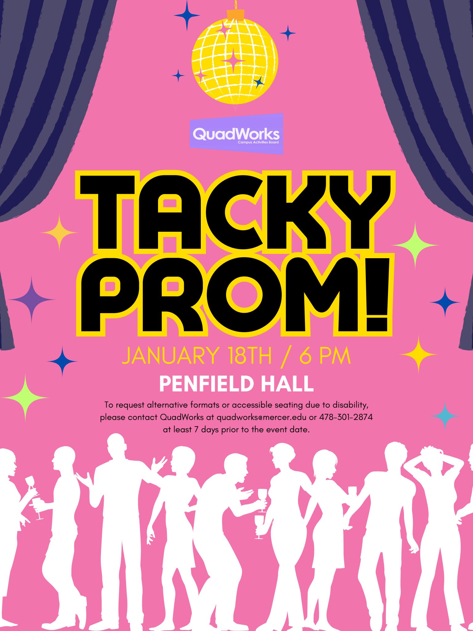 Poster for Tacky Prom on January 18 at 6 p.m. in Penfield Hall.