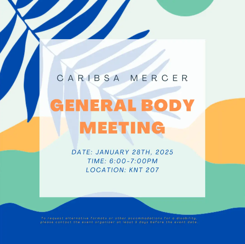 Promotional graphic for Caribsa Mercer General Body Meeting.