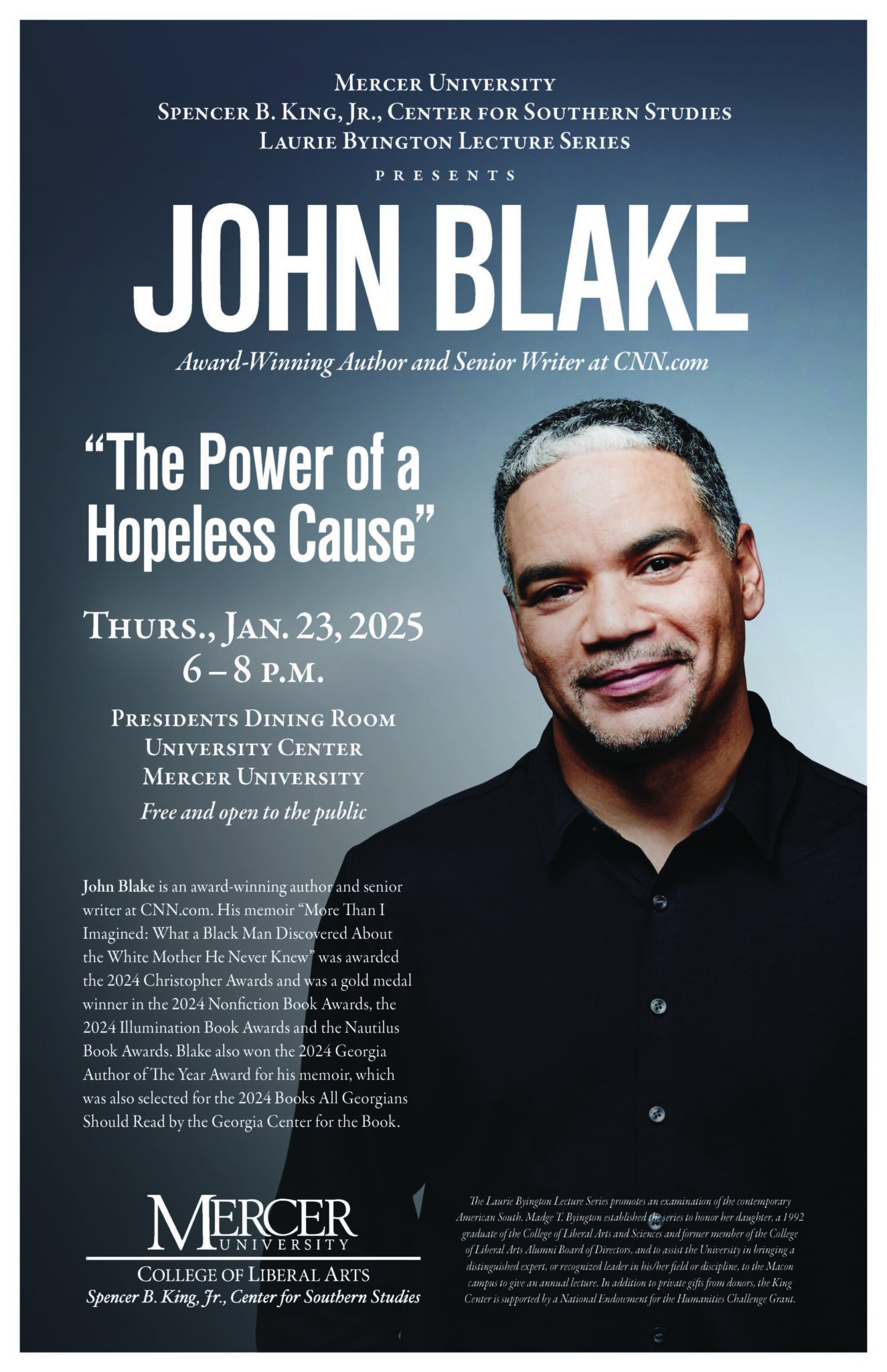 Promotional poster for John Blake as the speaker for the Byington Lecture.