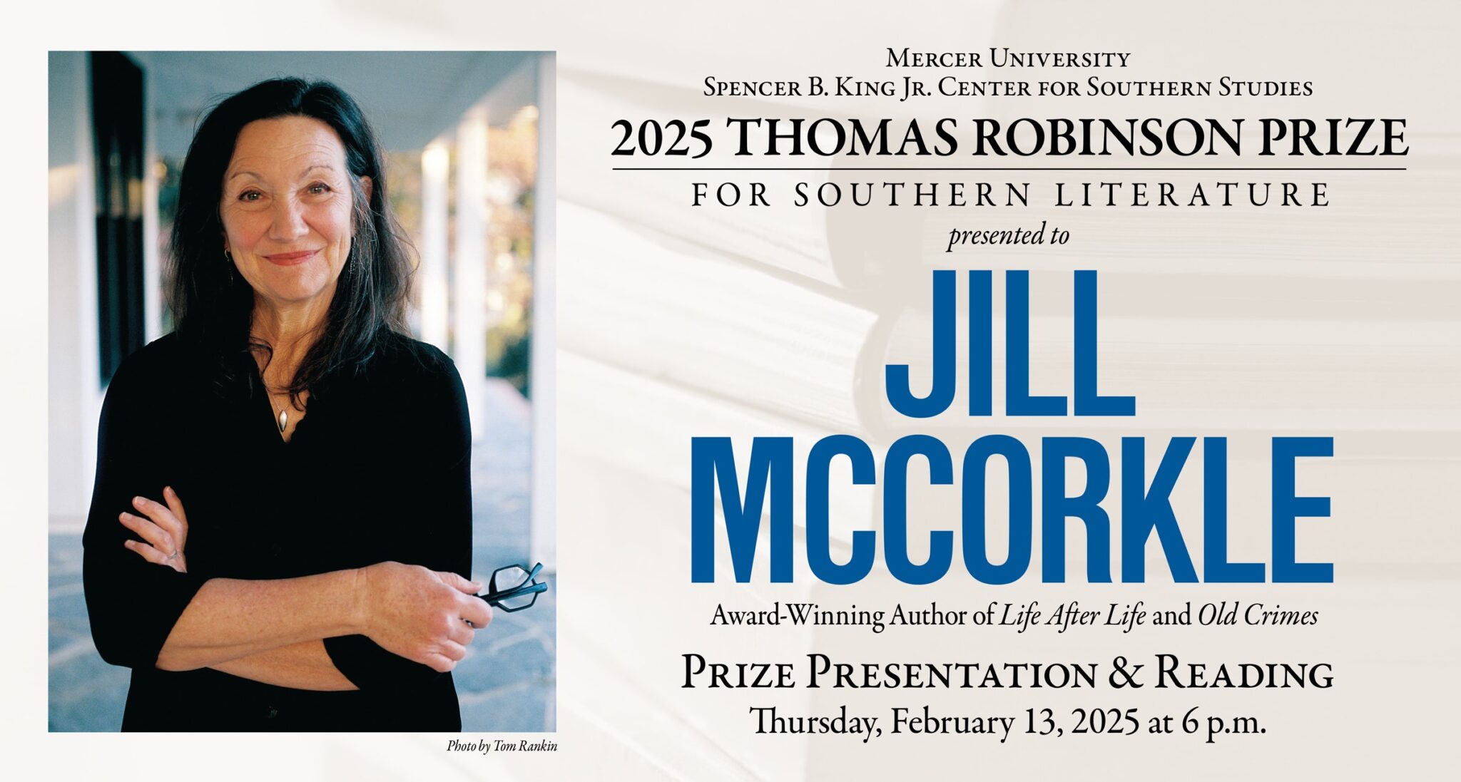 Poster for the 2025 Thomas Robinson Prize featuring Jill McCorkle.