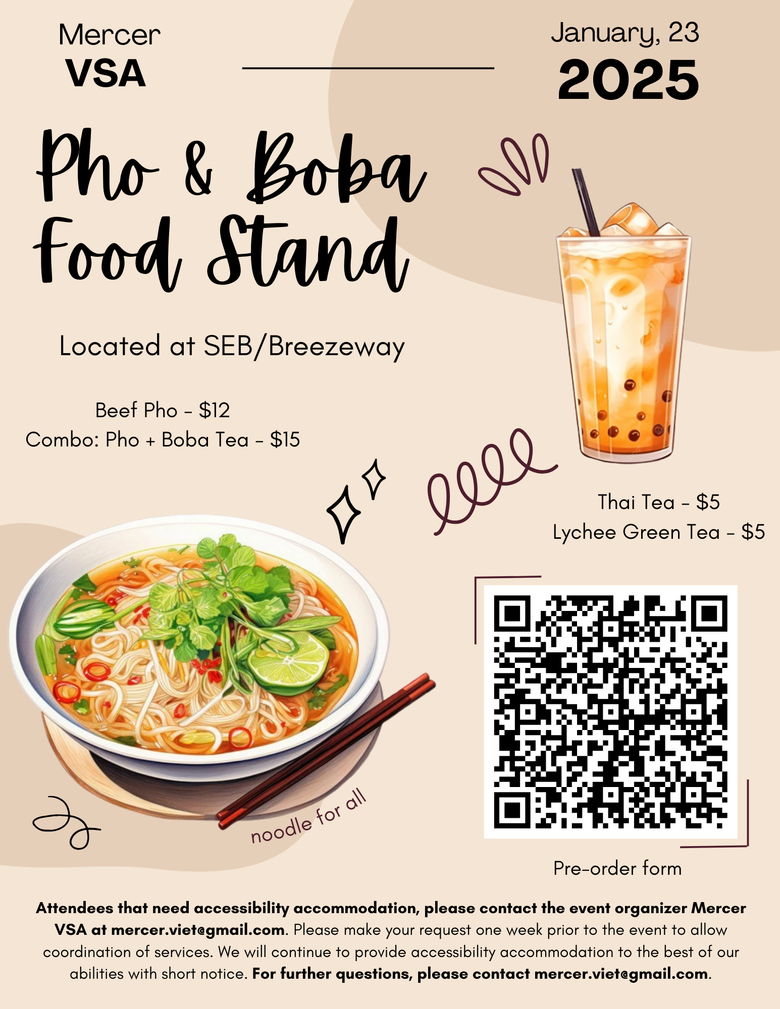 Flyer for the Pho and Boba Food Stand.