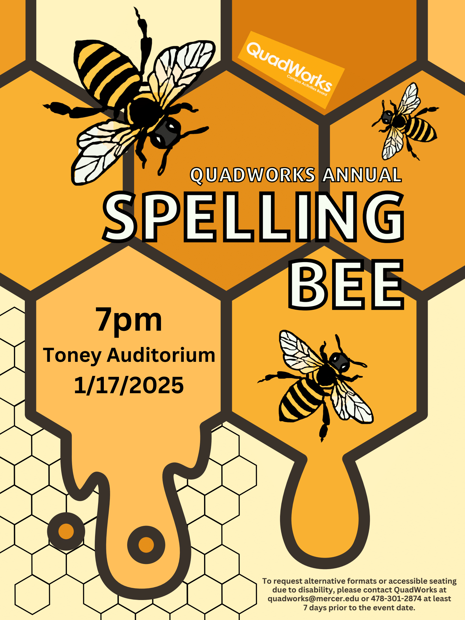 Poster for QuadWorks' annual Spelling Bee featuring a honey comb and bees.