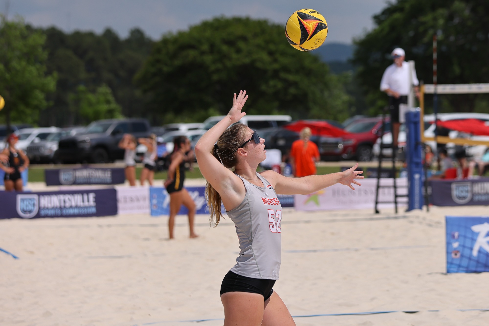 A beach volleyball player during a match.