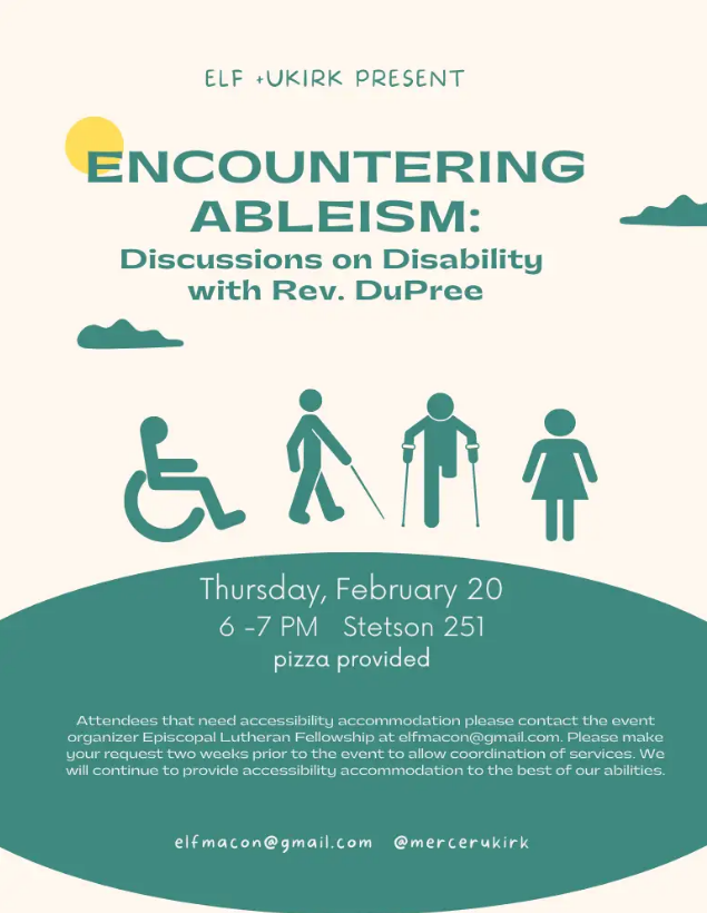 Promotional flyer for Encountering Ableism event on Feb. 20.