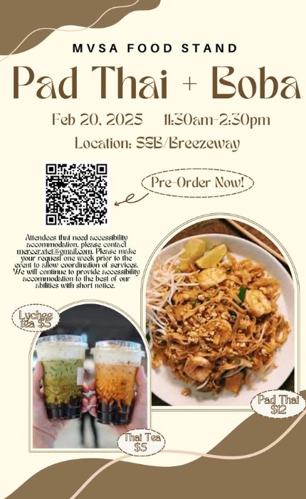 Promotional poster for the MVSA Pad Thai and Boba food stand.