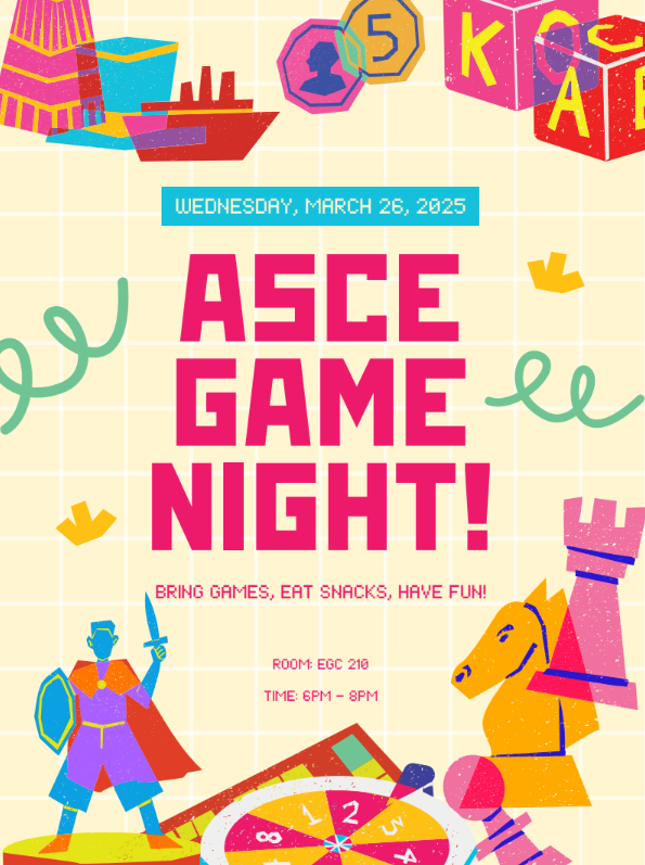 Promotional flyer for ASCE Game Night.