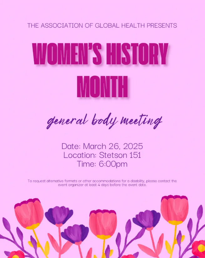 Promotional poster for the Association of Global Health's March general body meeting.